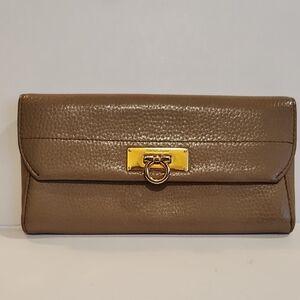 Salvatore Ferragamo Gancini Clasp Taupe Leather Flap Wallet